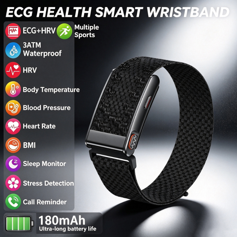 Health Wellness Bracelet - スマート健康手環：心電図、心拍変動（HRV）、血圧、睡眠、体温、体脂肪を測定。女性や家族向けのウェアラブルヘルスケアデバイス。